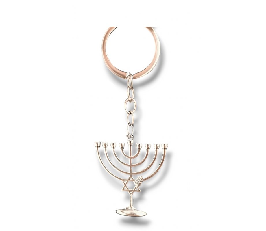 Key Chain with Hanging Chanukah Menorah and Star of David, Wheat Stalk - Silver