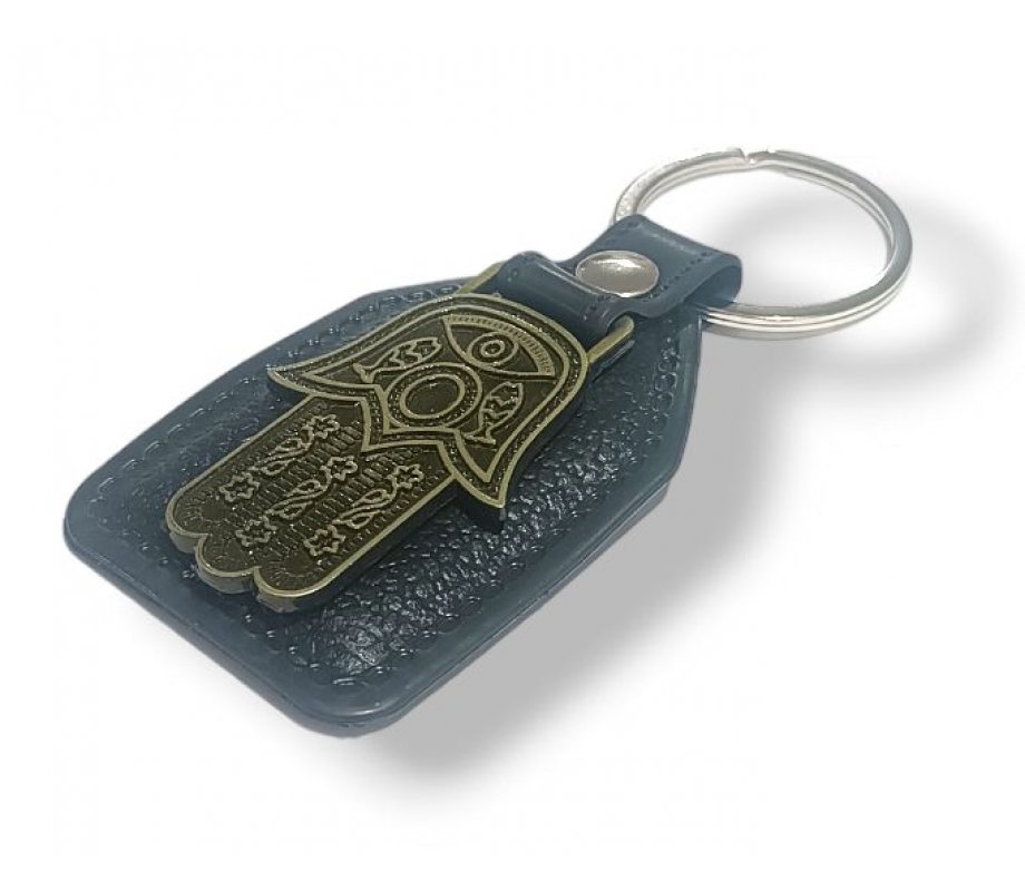 Key Chain with Metal Hamsa Engraved in Gold – Attached to Black Vinyl Base