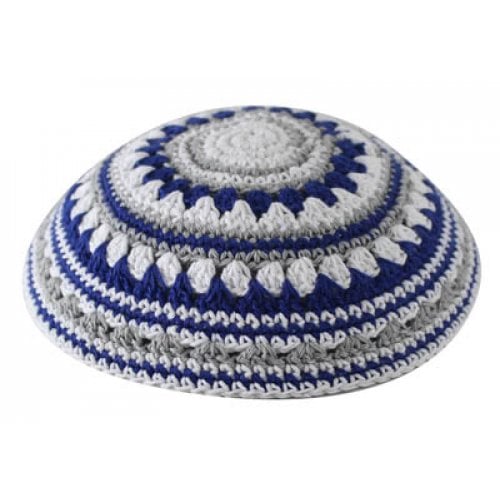 Knitted Kippah Serugah with Blue, White and Gray Stripes - Choice of Sizes