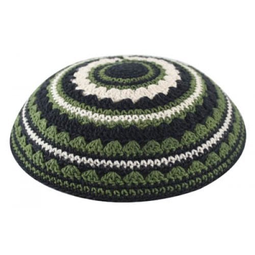 Knitted Kippah with Black, Green and Beige Stripes - Choice of Sizes