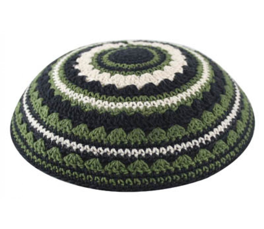 Knitted Kippah with Black, Green and Beige Stripes - Choice of Sizes