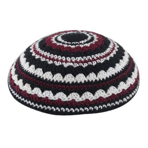 Knitted Kippah with Black, White and Maroon Stripes - Option for Sizes