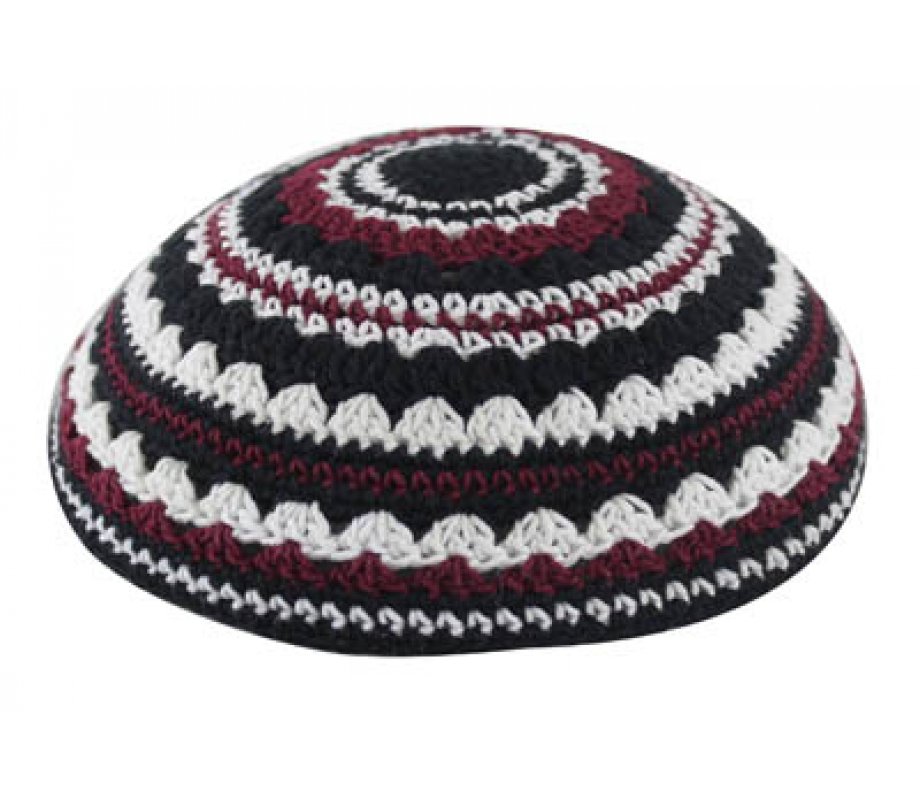 Knitted Kippah with Black, White and Maroon Stripes - Option for Sizes