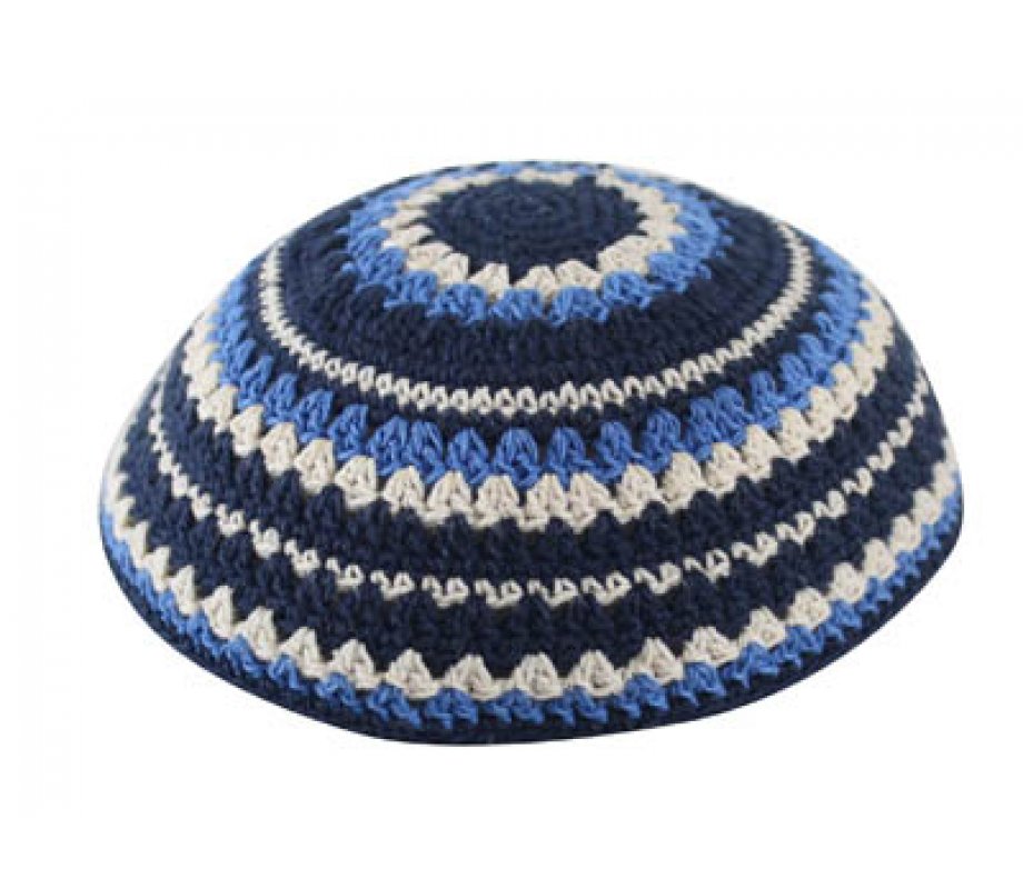 Knitted Kippah with Blue, Light Blue and Beige Stripes