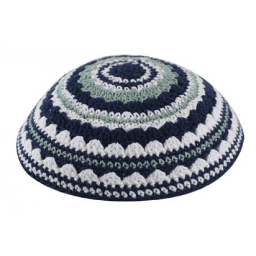 Knitted Kippah with Blue, White and Light Green Stripes