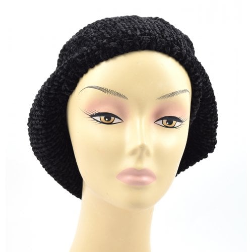 Knitted Women's Snood Beret with Inner Elastic Drawstring - Black