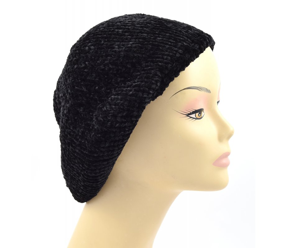 Knitted Women's Snood Beret with Inner Elastic Drawstring - Black
