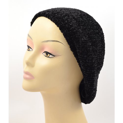 Knitted Women's Snood Beret with Inner Elastic Drawstring - Black with Silver