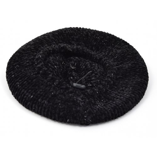 Knitted Women's Snood Beret with Inner Elastic Drawstring - Black with Silver