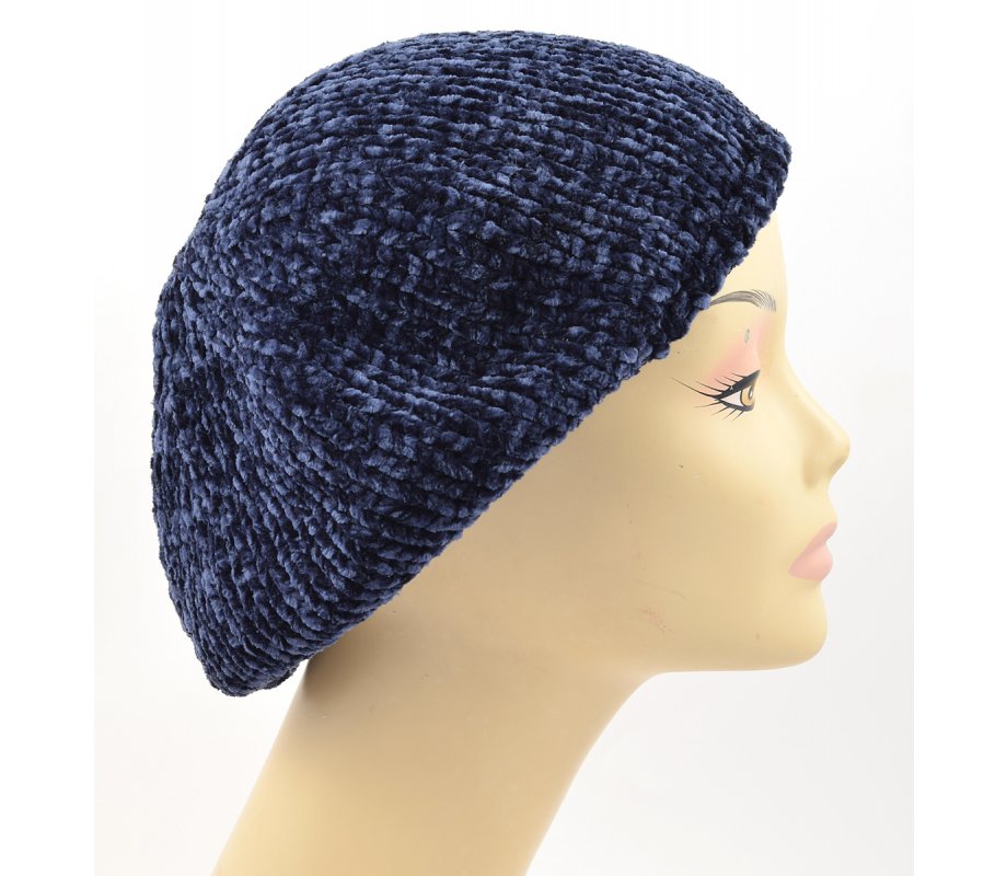 Knitted Women's Snood Beret with Inner Elastic Drawstring - Blue