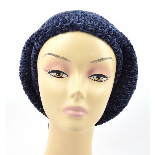 Knitted Women's Snood Beret with Inner Elastic Drawstring - Blue with Silver