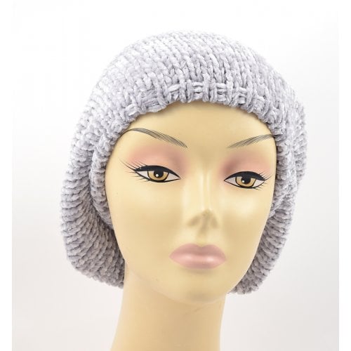 Knitted Women's Snood Beret with Inner Elastic Drawstring - Gray with Silver