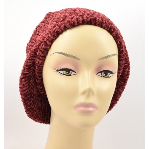 Knitted Women's Snood Beret with Inner Elastic Drawstring - Maroon