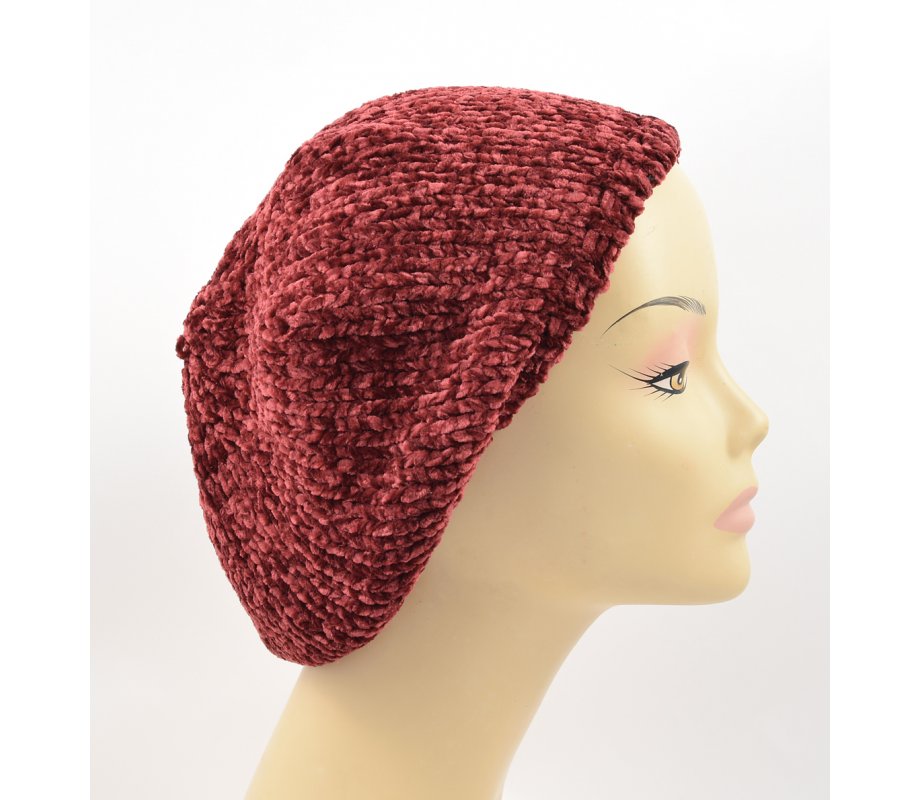 Knitted Women's Snood Beret with Inner Elastic Drawstring - Maroon