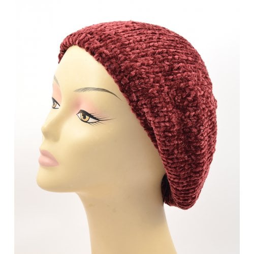 Knitted Women's Snood Beret with Inner Elastic Drawstring - Maroon with Silver