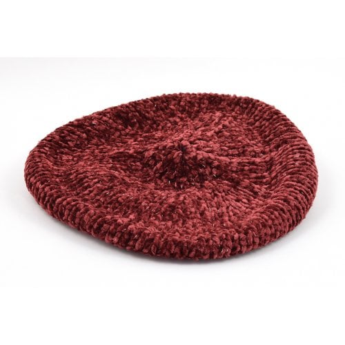 Knitted Women's Snood Beret with Inner Elastic Drawstring - Maroon with Silver