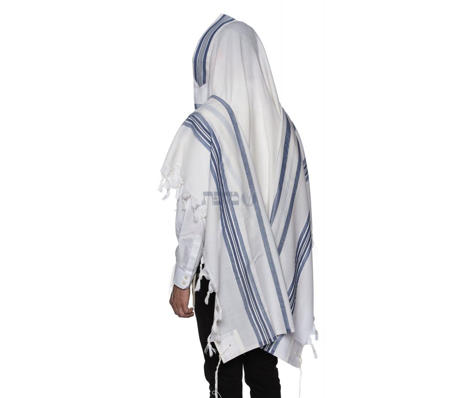 LaMenatzeach Victory Wool Tallit Non Slip Prayer Shawl - Denim Blue Stripes