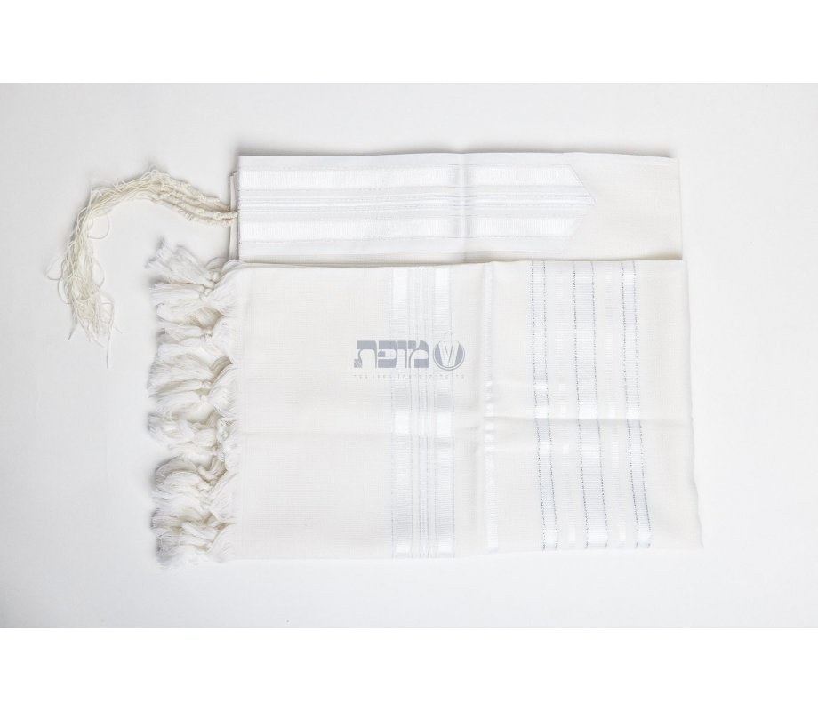 LaMenatzeach Victory Wool Tallit Non Slip Prayer Shawl - White and Silver Stripes