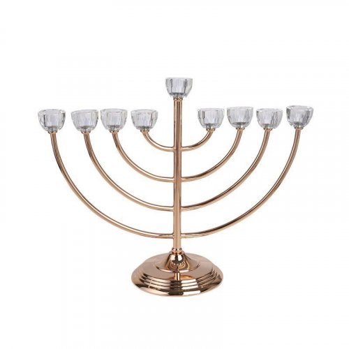 Large Classic Chanukah Menorah with Glass Holders, Gold - 14 Inches