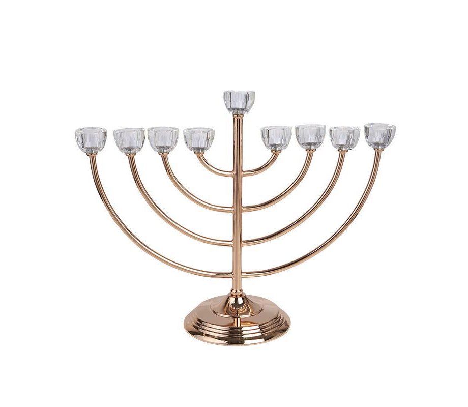 Large Classic Chanukah Menorah with Glass Holders, Gold - 14 Inches