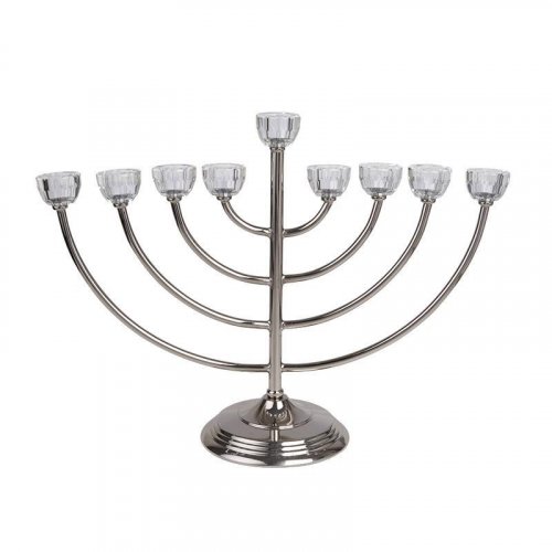 Large Classic Chanukah Menorah with Glass Holders, Silver - 14 Inches
