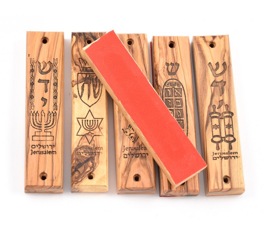Large Olive Wood Mezuzah Cases with Symbols 6 Pack