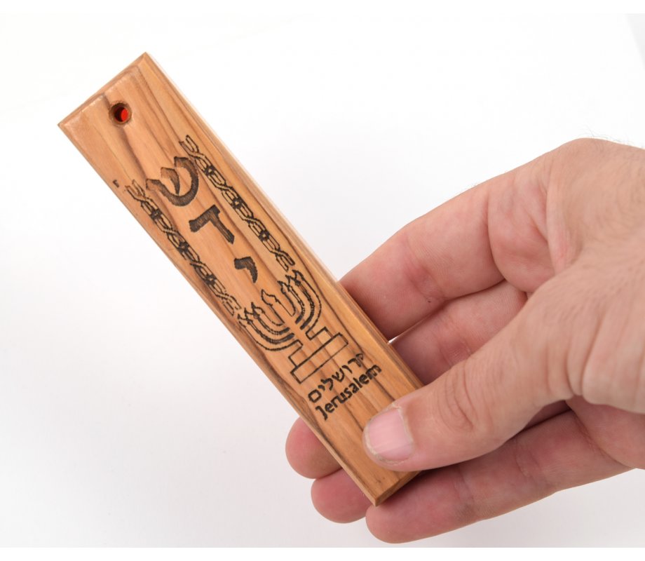 Large Olive Wood Mezuzah Cases with Symbols 6 Pack