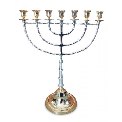 Large Seven Branch Menorah, Beaded Decorations Silver and Gold Nickel - 18