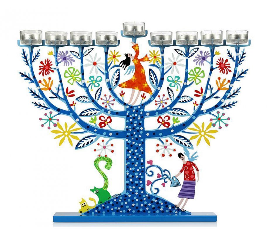 Light Blue Family Tree Hanukkah Menorah by Tzuki Art