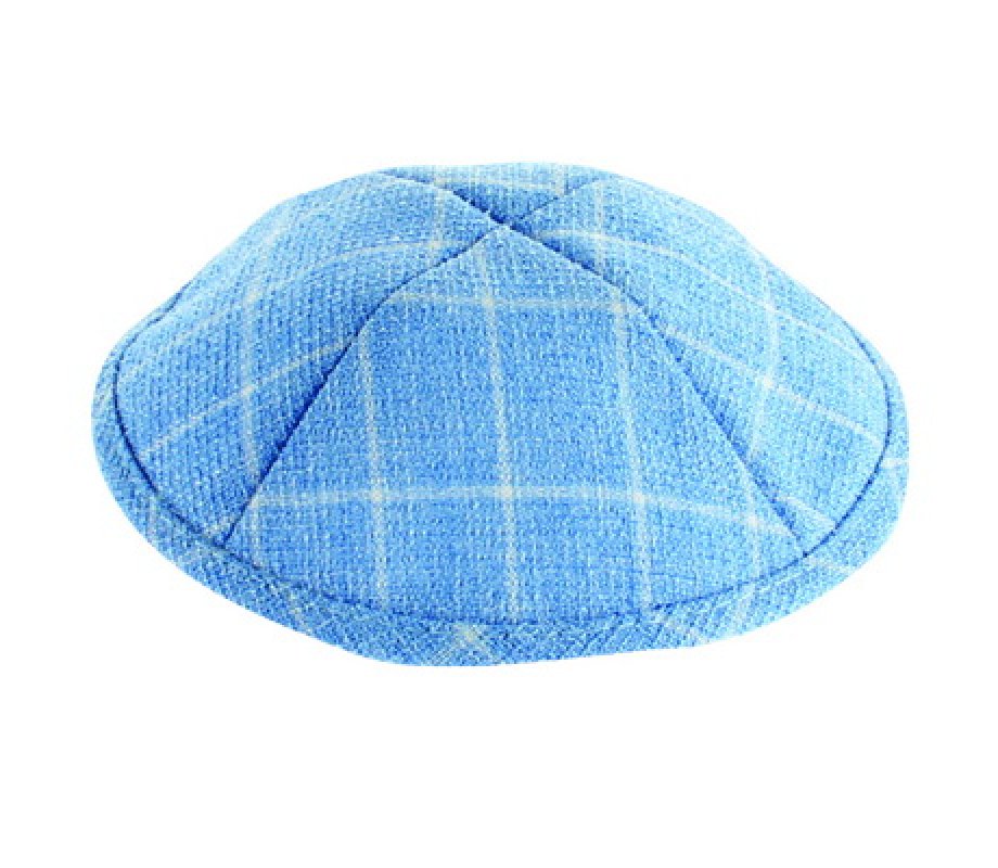 Light Blue and White Cotton Fabric Kippah – Checkered Design