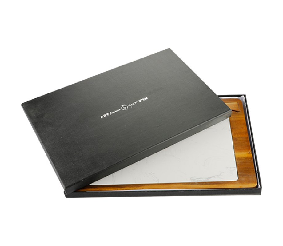 Light Brown Wood Challah Board with White Marble Plaque - Comes with Knife