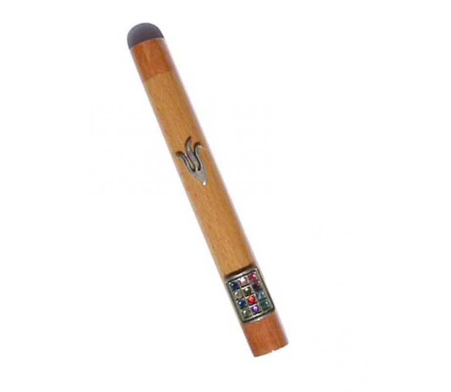 Light Brown Wood Mezuzah Case - Shin and Colored Breastplate in Silver Pewter