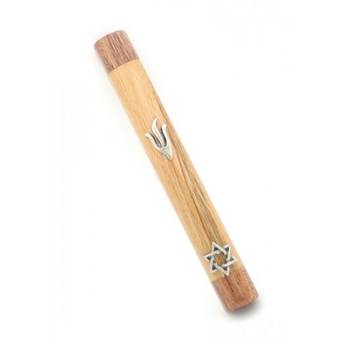 Light Brown Wood Rounded Mezuzah Case - Shin and Star of David in Silver Pewter