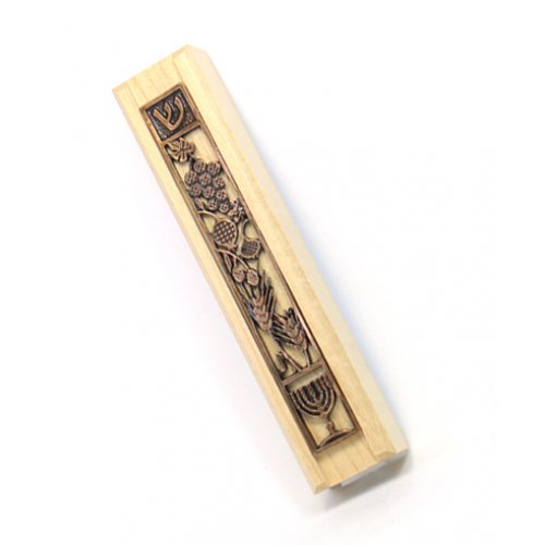 Light Colored Wood Mezuzah Case with Copper Pewter Decorative Seven Species