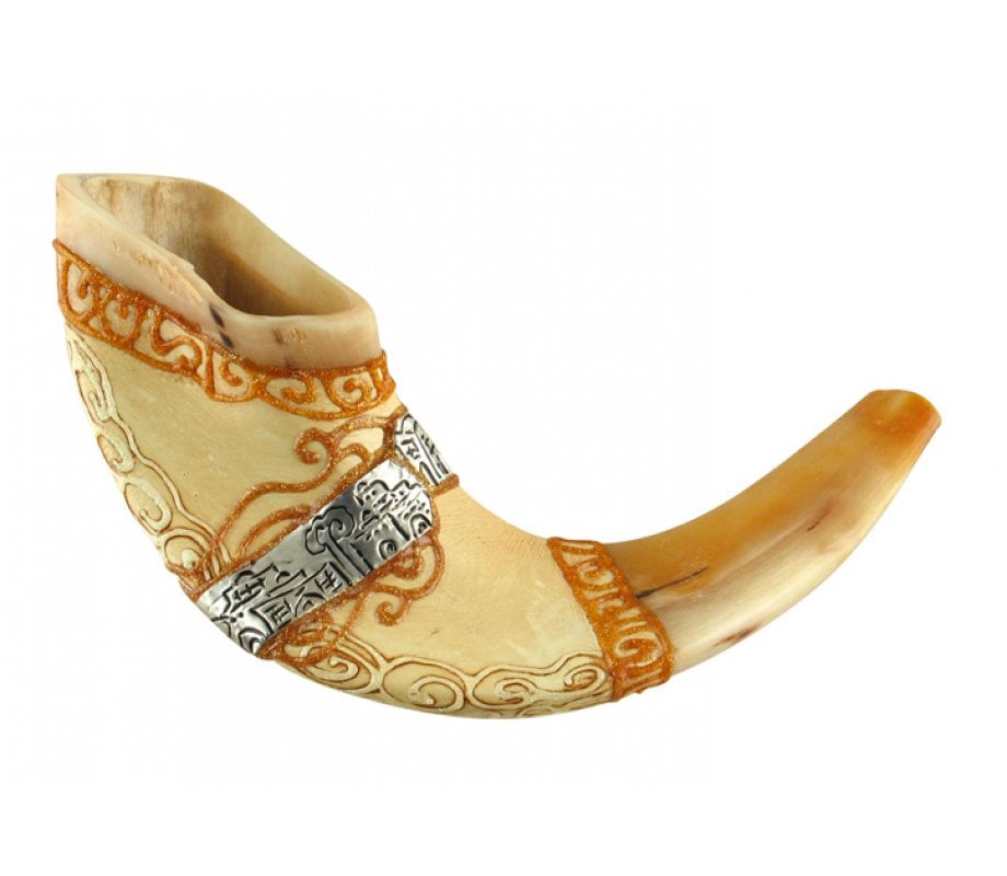 Light Hand Painted Rams Horn Shofar -Jerusalem