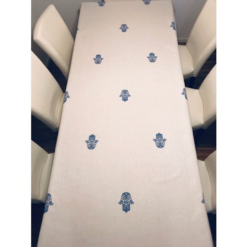 Linen Cotton Blend Ivory Tablecloth with Blue Hamsas