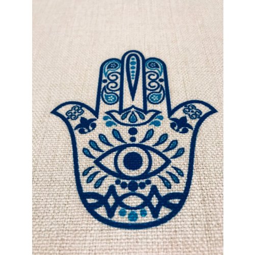 Linen Cotton Blend Ivory Tablecloth with Blue Hamsas
