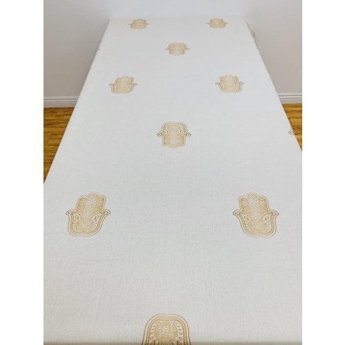 Linen Cotton Blend Ivory Tablecloth with Gold Hamsas