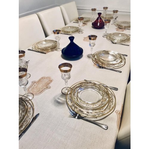 Linen Cotton Blend Ivory Tablecloth with Gold Hamsas