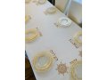 Linen Cotton Blend Ivory Tablecloth with Gold Hebrew Blessings