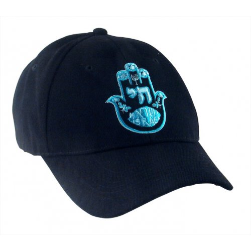 Lively Blue Hamsa and Chai on Black Cap