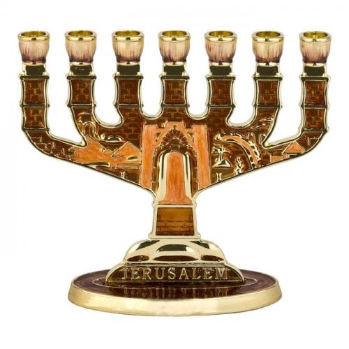 Lively Bronze Enamel Jerusalem Seven Branch Menorah