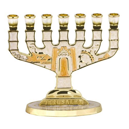 Lively Ivory Enamel Jerusalem Seven Branch Menorah