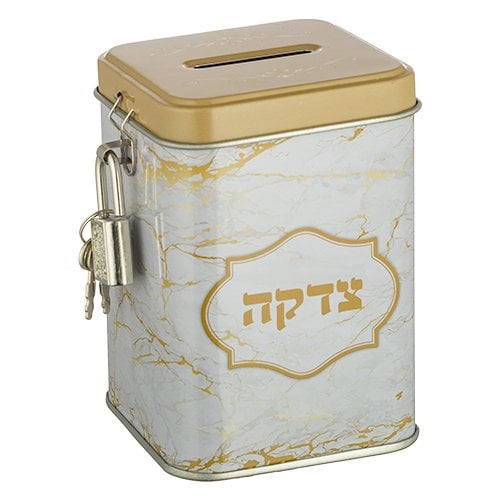 Low Cost Metal Charity Box with Lock and Key – Gold and White Marble Design
