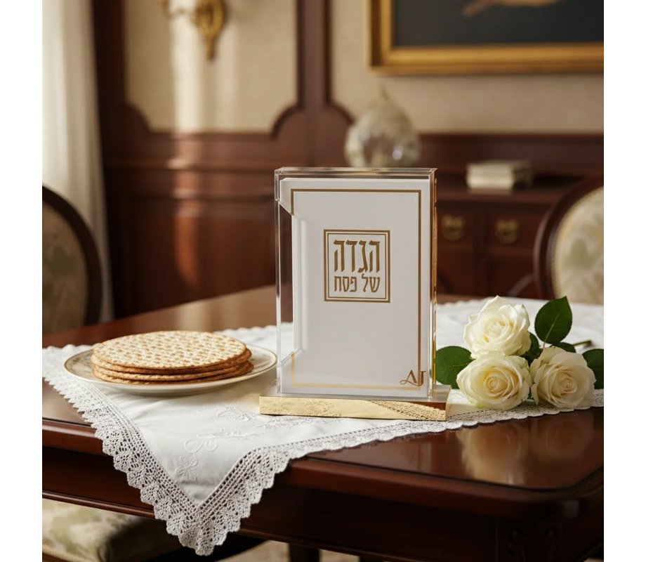 Lucite Passover Seder Stand with Six Softcover Haggadahs - Gold Accents