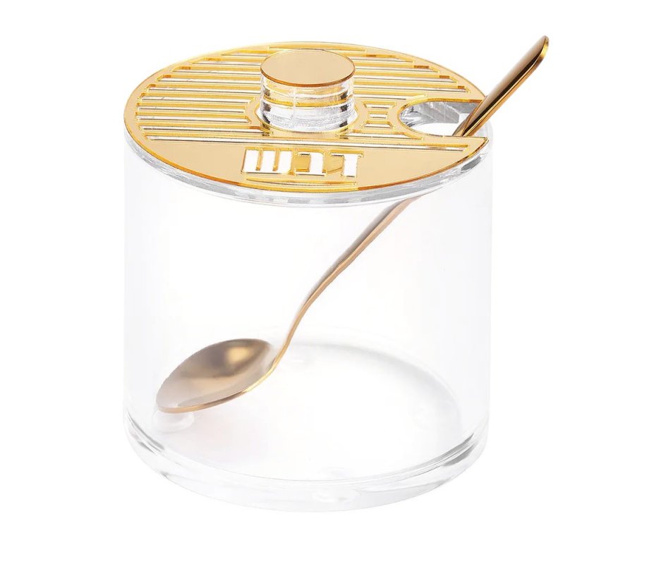 Lucite Rosh Hashanah Honey Dish with Spoon - Gold Stripes