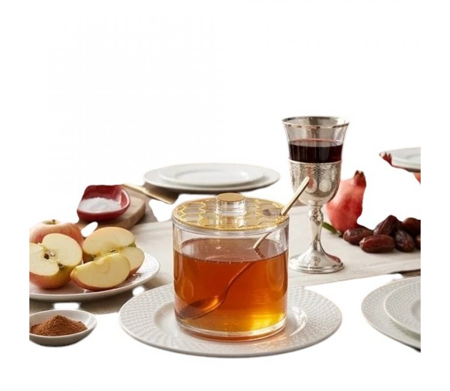Lucite Rosh Hashanah Honey Dish with Spoon - Gold Stripes