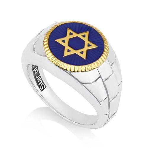 Man's Sterling Silver and Gold Plated Ring with Star of David on Blue Enamel