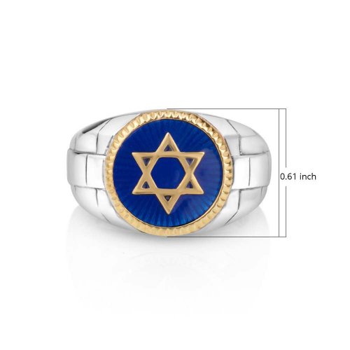 Man's Sterling Silver and Gold Plated Ring with Star of David on Blue Enamel