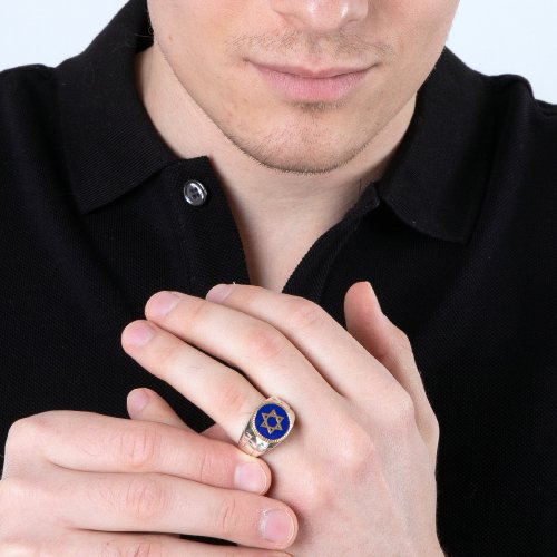 Man's Sterling Silver and Gold Plated Ring with Star of David on Blue Enamel